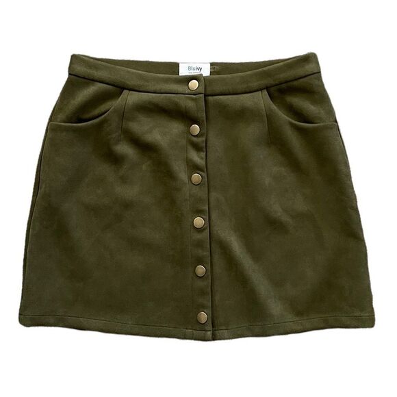 BLUEIVY Faux Suede Olive Green Button Down Mini Skirt Size Large - Picture 1 of 5